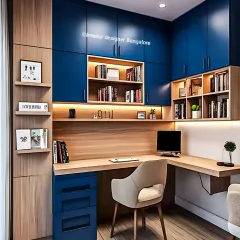 For this compact home office, I used a bold blue and natural wood combination to create a striking look. The L-shaped desk maximizes corner space, and the custom cabinetry provides a mix of open and closed storage for a clutter-free environment.