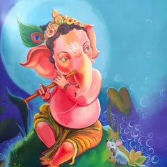 A close-up of the Venu Ganapa painting, highlighting the soft colors and gentle expression. This style is ideal for creating a peaceful atmosphere in a pooja room or living area.