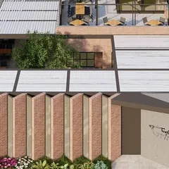 An aerial perspective of the 'Cafe Cravings' design, revealing the rooftop seating area and the interesting texture of the brick and steel facade. This view shows how we maximize usable space, creating multiple zones for customers to enjoy.