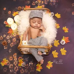 A wider angle of the autumn setup, showcasing the rich, warm colors of the backdrop and scattered leaves. The sleeping baby is the peaceful center of this cozy, seasonal scene.