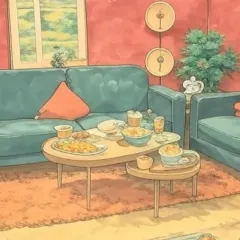 A cozy living room scene, filled with snacks and treats, all rendered in the beautiful, nostalgic style of Studio Ghibli. This AI artwork reflects our ability to create a complete mood and story, even in a conceptual format.
