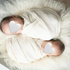A close up of the twin newborns, nestled together in a soft, fluffy basket. I always pose twins in a way that highlights their connection while ensuring they are safe and comfortable.