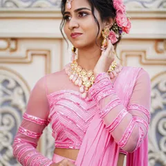 A detailed shot of the pink pre-draped saree's blouse, highlighting the chevron-patterned sequin work and the sheer fabric on the sleeves.