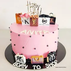 Born to shop! This fun and fashionable cake is for the shopaholic who loves luxury brands. The design features a quilted pink finish and is topped with tiny, handcrafted shopping bags from Chanel, LV, and more.