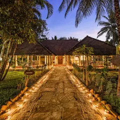 A stone pathway, lit for the evening, leads you towards our Health & Therapy Centre. The gentle lighting creates a safe and magical atmosphere for an evening stroll, connecting you with the tranquil energy of the night.