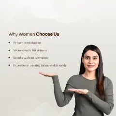 Women choose us for intimate care because we offer private consultations with a women-led clinical team. Our expertise in treating intimate skin safely ensures results without downtime in a comfortable and understanding environment.