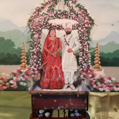The finished painting from a fairytale wedding in the Mahabaleshwar hills. The floral arch and mountain scenery created a magical setting.