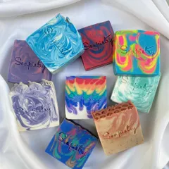 So much color and creativity in one photo! This is a preview of a website restock, featuring a wide range of my artisan soap bars.