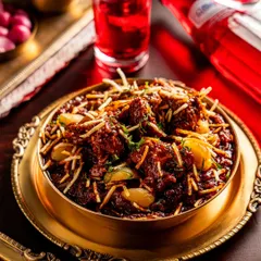 A close-up of Salli Boti from Gallops, a classic Parsi dish. The shot highlights the crispy potato straws and rich gravy, captured in traditional brass serveware.