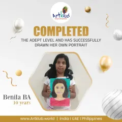 Our structured curriculum helps students achieve major milestones. We congratulate 10-year-old Benila for completing our final Adept Level by mastering the challenging task of drawing her own self-portrait.