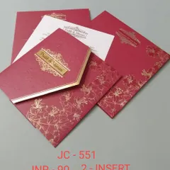 This rich red invitation features a textured finish and a gold floral pattern. The design is classic and elegant, perfect for a traditional shaadi card.
