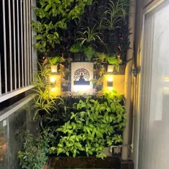 The same balcony garden, now seen at night. With the addition of simple accent lighting, the vertical garden becomes a dramatic and beautiful feature, proving that your green space can be enjoyed day and night.