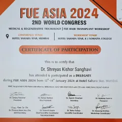 My delegate certificate from the FUE ASIA 2024 World Congress. This event covered the latest in medical and regenerative trichology, including advanced FUE hair transplant workshops.