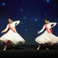 Performing with my sister for the ET Achievers awards. Our white Anarkali costumes create a classic, elegant look, perfect for the graceful spins and intricate footwork of our Kathak duet.