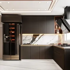 A render showcasing the refrigerator and storage side of the kitchen, demonstrating how I visualize appliance integration and cabinetry layout for a clean, modern look.