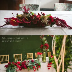 This collage showcases different styles of floral table runners. Whether it's a modern, linear arrangement or a more sprawling, organic design, these runners add a continuous line of color and texture to long dining tables.