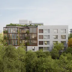 Different perspectives of the Amara Avika apartments in Chennai, showing the interplay of the wood-framed public zones and the solid private areas, both during the day and at dusk.