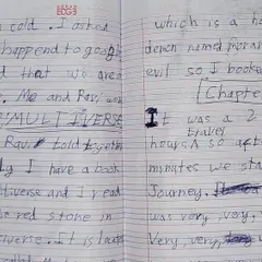The story continues, showing the young author's ability to build a narrative and maintain suspense across multiple chapters.