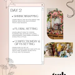 On Day 2, we level up with practical techniques. You'll learn professional shrink wrapping for trays, the principles of floral setting and arrangement, and how to beautifully style confectionery and other gifts in boxes and on trays.
