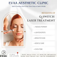 This graphic details the benefits of our Q-switch laser treatment, a gentle procedure that effectively reduces pigment, lightens spots, and promotes brighter, even-toned skin.