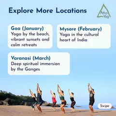 Our residential courses are held in locations that inspire deep practice. This image shows the variety we offer: yoga by the beach in Goa, practice in the cultural heart of India in Mysore, and a deep spiritual immersion by the Ganges in Varanasi. Each location offers a unique energy for your journey.