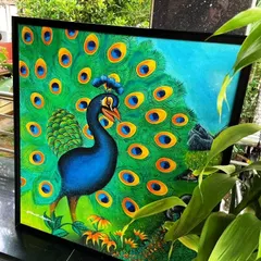 The vibrant beauty of nature is a huge inspiration for me, like in this peacock painting. I love playing with brilliant blues and greens to create a piece that feels alive and adds a splash of color to your wall.