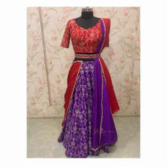 A full view of the custom red and purple half-saree. The ensemble includes a brocade skirt, an embroidered blouse, a draped dupatta, and a matching waistband.