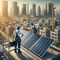 A look at our professional team installing solar panels on a city rooftop. We bring clean energy solutions to the heart of urban India.