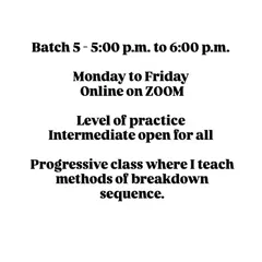 Details for our 5:00 PM online batch. This is an intermediate progressive class where I teach the methods of breaking down sequences, perfect for new teachers or anyone wanting to refine their practice.