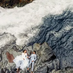 We traveled to the heart of Kashmir for this shot, placing our couple amidst the raw power of nature. This aerial view, captured with our drone, shows how we use dramatic landscapes to create unforgettable, larger-than-life portraits that tell a story of adventure and love.