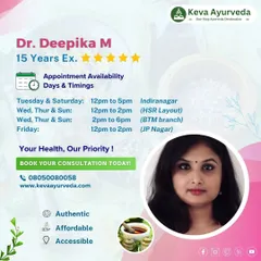 Meet Dr. Deepika M, a senior consultant with 15 years of experience and a specialization in PCOD, arthritis, and skin conditions. She is available across our Indiranagar, HSR, BTM, and JP Nagar branches to provide holistic care.