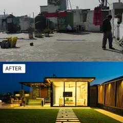 A side-by-side comparison of a cluttered rooftop and its new life as a sophisticated outdoor living area, featuring a modern glass room, a manicured lawn, and a stone pathway.
