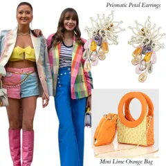 Channeling your inner Emily in Paris. This image shows how to style a colorful checkered blazer with our prismatic petal earrings and a vibrant mini bag for that effortlessly chic and playful Parisian flair.