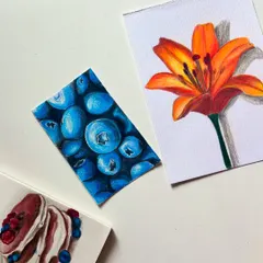 Testing out my new Staedtler color pencils with some mini drawings of blueberries, a lily, and pancakes.