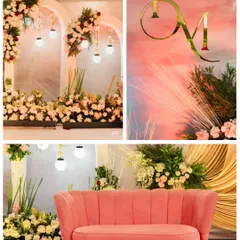 A collage showcasing the decor for an elegant engagement, including the floral stage with arched backdrops, a custom monogram, and a chic pink sofa for the couple.