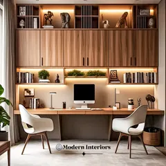 This luxurious dual home office is designed for ultimate productivity. The long desk provides ample space for two, and the extensive overhead and side cabinets, complete with beautiful backlighting, offer sophisticated storage for files and decor.