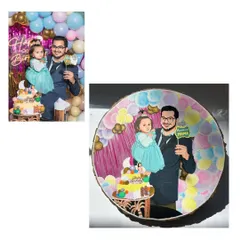 Celebrating a first birthday with a unique hand-painted gift. This portrait captures the father and daughter with their cake and festive balloon background, all recreated in my signature style on a wooden slice.