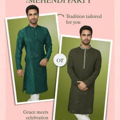 Mehendi party options that blend tradition and style. On the left, an emerald green kurta with mirror work. On the right, a quilted olive green kurta. Both are tailored for celebration.