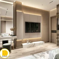 We designed this premium master bedroom to be a sanctuary of comfort and style. The space features a floor-to-ceiling fluted wood panel behind the TV, a marble-finish console, and a chic integrated dressing table, all tied together with warm, ambient lighting.