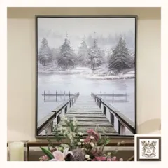 This hand-painted canvas captures a serene, misty winter scene with a wooden pier. It's a beautiful piece that brings a sense of calm and nature's beauty into your home.