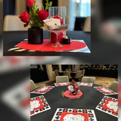 This collage shows both a close-up of the casino night centerpiece and a wider view of the full table setting. It demonstrates how the individual details come together to create a complete, thematic, and visually impactful dining experience for guests.