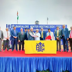 A wide shot of the presentation ceremony for the Governor's Trophy, with Hon'ble Governor Shri Thaawar Chand Gehlot at the center. Such occasions provide a formal and prestigious setting for our partners.