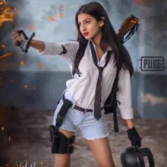 Capturing the 'Most Valuable Player' energy in our PUBG-themed shoot. The model holds a crossbow and helmet, ready for action, with editing that adds a gritty, fiery atmosphere to the scene.