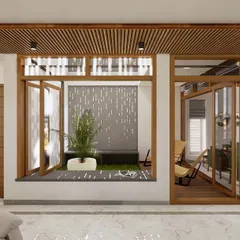 A conceptual render for a modern living space, featuring an internal courtyard. This design brings light and a private green space into the heart of the home.