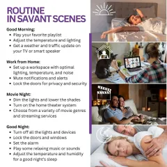 This infographic illustrates the power of routine automation with Savant Scenes. From a "Good Morning" scene that plays your favorite playlist to a "Movie Night" that sets the perfect theater ambiance, your day is simplified.