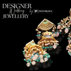 A graphic showcasing our designer wedding earrings. This pair of jhumkas features beautiful meenakari work with pastel pink and blue beads.