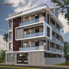 A proposed apartment building in HSR Layout with a sophisticated, layered facade. The design uses projecting and recessed balconies, along with a mix of wood and stone textures, to create a visually rich exterior.