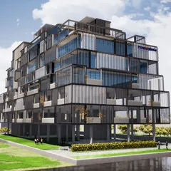 The design for this office building is inspired by a stacked container ship, a concept that allows for a modular and flexible structure. The elevated form and arrangement of balconies enhance natural light and ventilation, key components of our sustainable design approach.