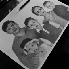 Another angle of the completed family sketch, with a pencil resting on it to give a sense of scale and the hand-drawn nature of the work.