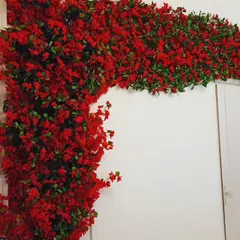 This is a dense garland of artificial red bougainvillea flowers and green leaves. I use these to frame doorways, wrap around pillars, or hang as a festive decoration for parties and events.
